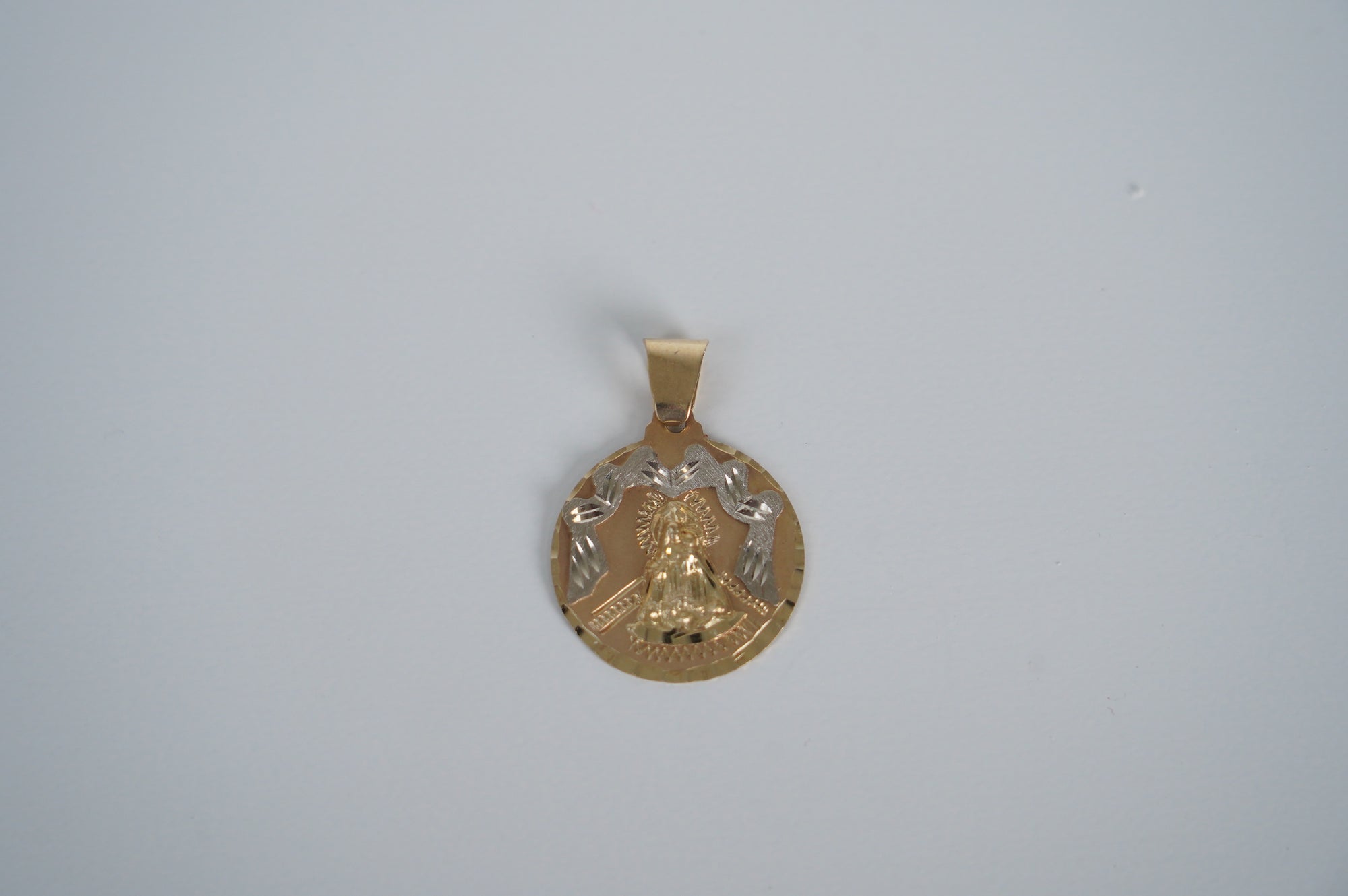 Round Virgin Mary Gold Pendant with Dove Design