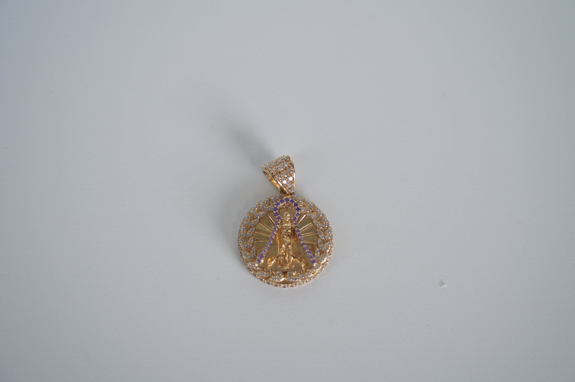 Virgin Mary Round Gold Pendant with CZ Stones